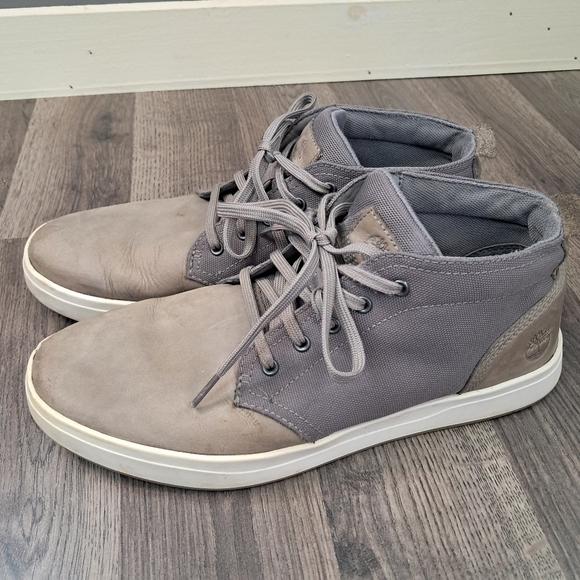 Mens 10 Timberland Davis Square Chukka Boots Grey Leather Canvas Lace Up A4425 - Picture 1 of 8